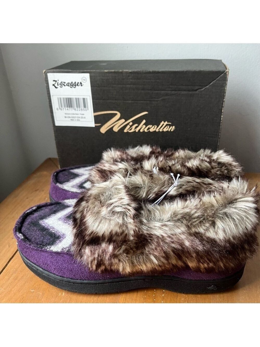 NWT WishCotton Zigzagger Women’s ankle boot moccasin slippers Purple Chevron 8